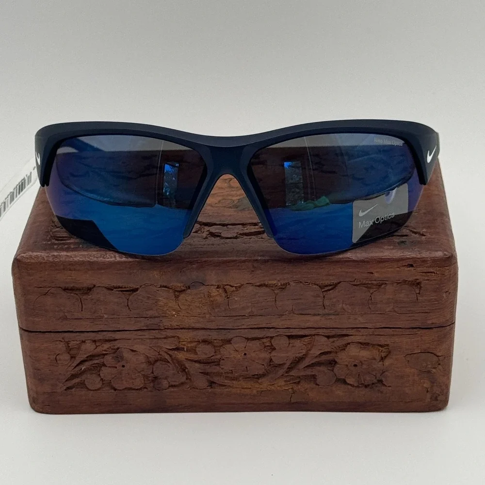 Nike Skylon Ace 69mm Semi-Rimless Sunglasses Matte Obsidian Blue Lens NWT
